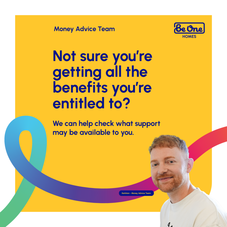 Text to ask if your getting benefits entitled to, yellow background and image of a man in white tshirt looking at camera