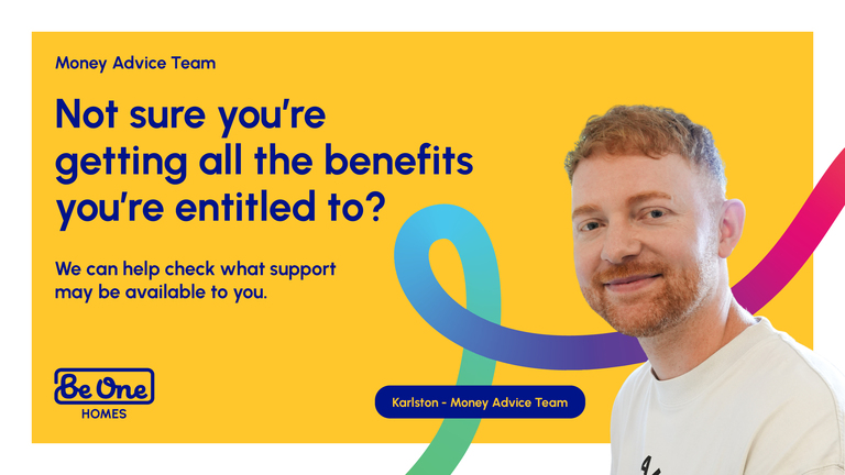 Man smiling facing the camera, bright yellow background with Be One Homes Thread running behind him. Question asks not sure you're getting the benefits you're entitled to?