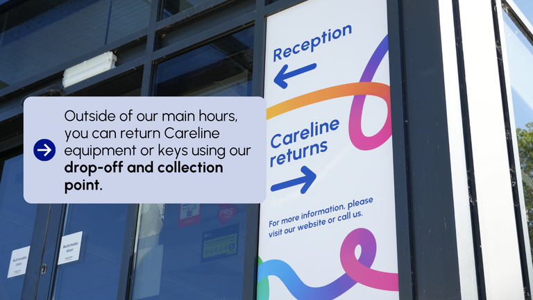 A close-up shot of the signage outside our new Careline control room based at our main Valley House office. The image includes the text 'Outside of our main hours, you can return Careline equipment or keys using our drop-off and collection point'.