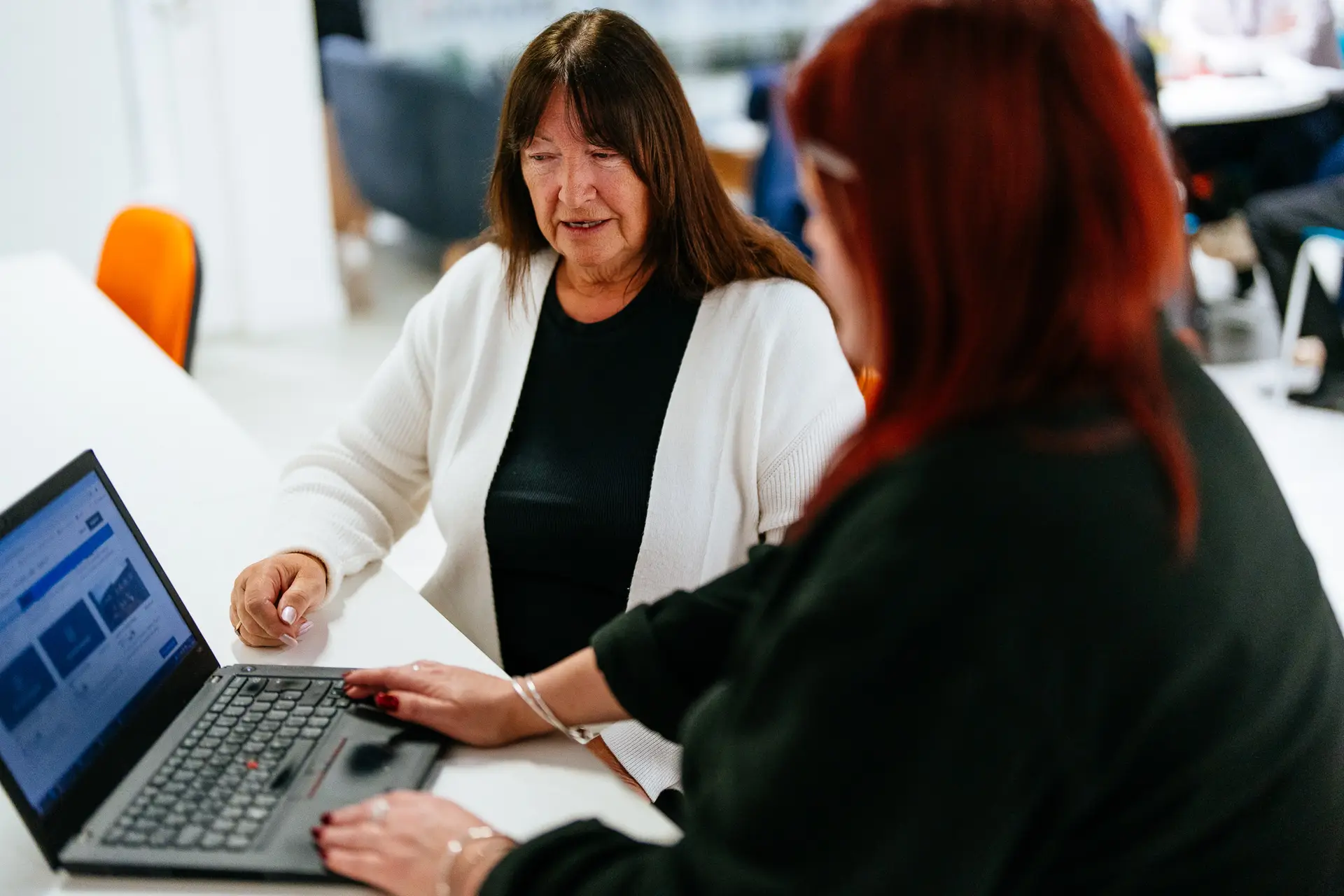 A female customer and female member of staff using a laptop.