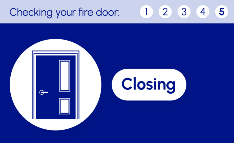The first of five graphics to illustrate the process of checking fire doors are safe. This one reads: '5. Closing'.