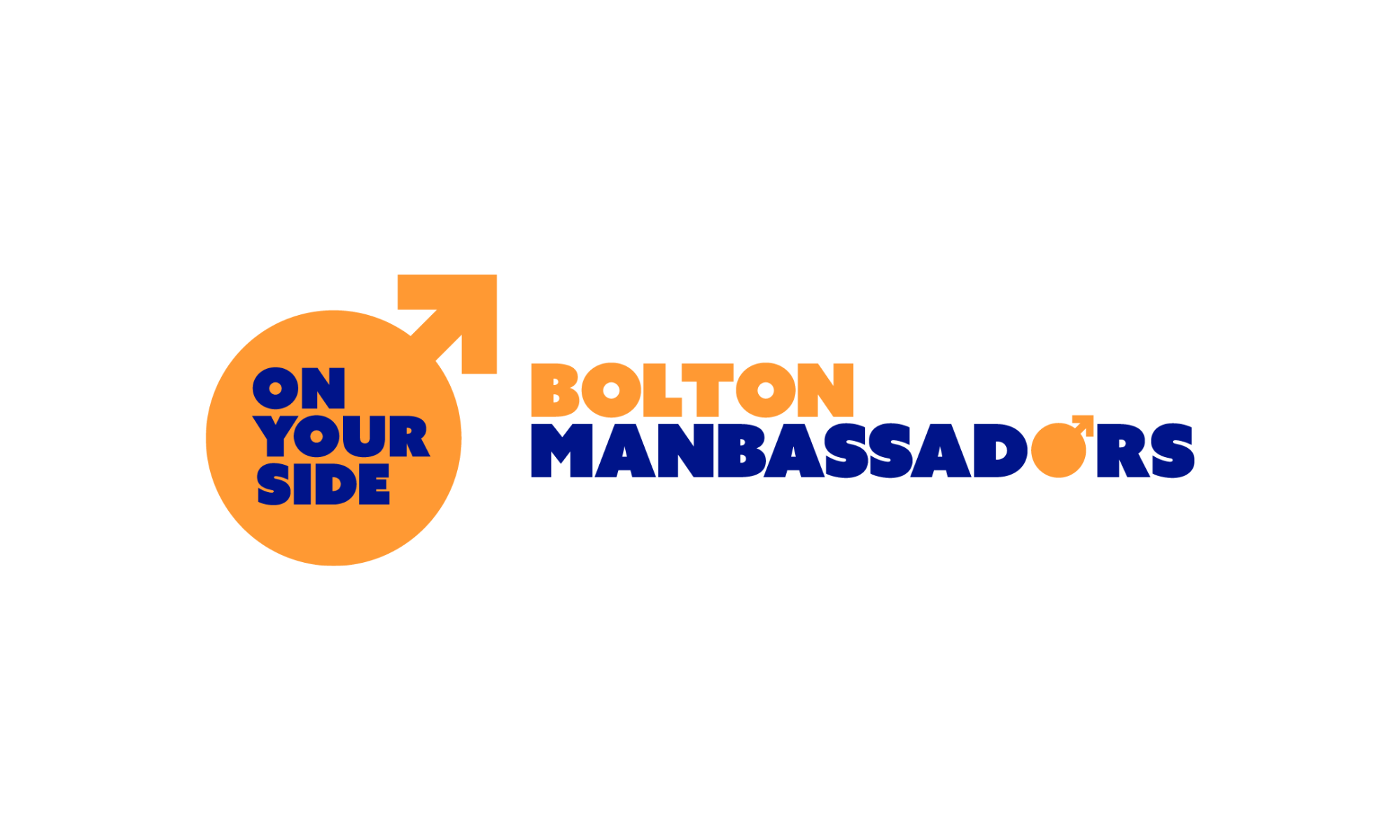 The Bolton Manbassadors logo. There is a male gender symbol with the words 'On your side' placed within it.