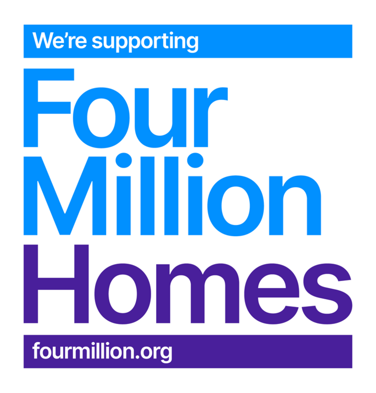 The 'We're supporting Four Million Homes' logo. It also includes the Four Million Homes web address, which is fourmillion.org.