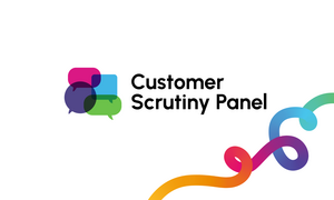 The logo for our Customer Scrutiny Panel. There are four overlapping speech bubbles and the Be One Homes multi-coloured brand thread is visible in the bottom-right corner.