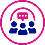 An icon depicting a group of people talking. It includes three person icons and a speech bubble.