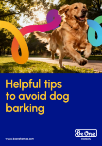 The front cover for our 'Helpful tips to avoid dog barking' PDF document. There is an image of a golden retriever running along a patch of grass. The sun is shining.