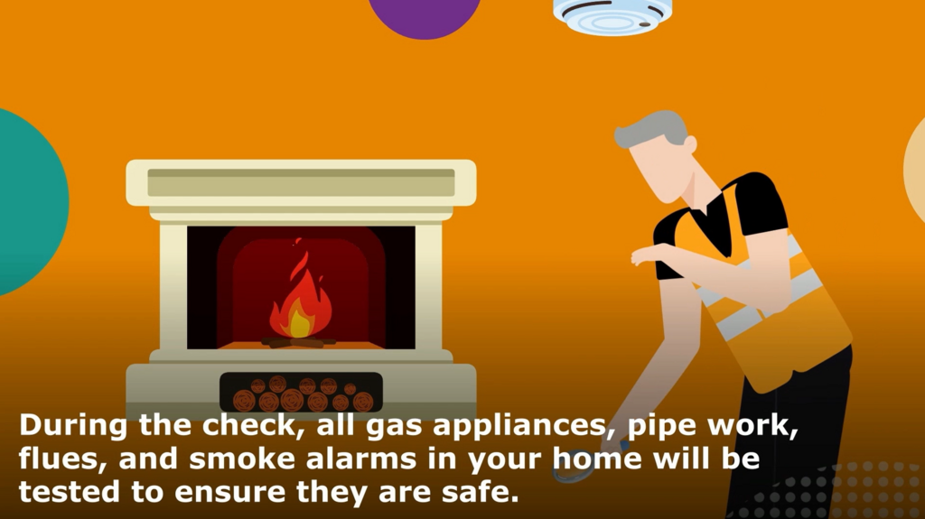A thumbnail from our gas safety animation. It shows an illustrated frame of a Be One Homes colleague inspecting a gas fire.