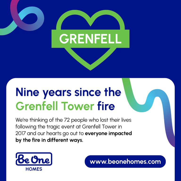 Graphic with a green love heart symbol and the word 'GRENFELL'. It also includes the text 'Nine years since the Grenfell Tower fire. We're thinking of the 72 people who lost their lives following the tragic event at Grenfell Tower in 2017 and our hearts go out to everyone impacted by the fire in different ways.'