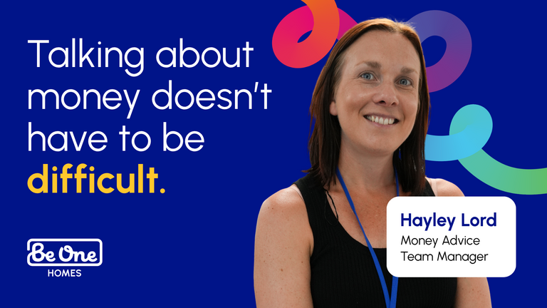 Graphic reading 'Talking about money doesn't have to be difficult.' It also includes a portrait photo of Hayley Lord, our Money Advice Team Manager.