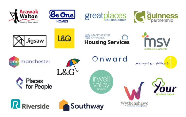 Logos of all the Manchester Housing Providers Partnership members as of September 2026.