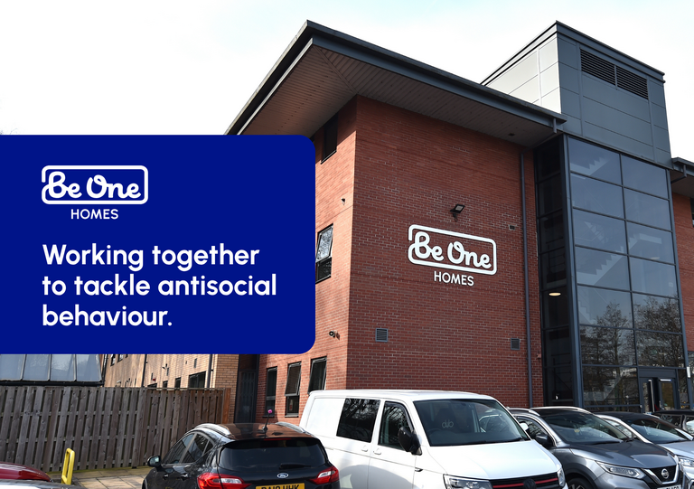 Thumbnail image reading 'Working together to tackle antisocial behaviour'. The text sits on top of an image of our Valley House head office.
