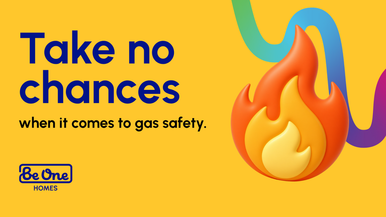 Graphic with a 3D illustration of a flame and the text 'Take no chances when it comes to gas safety'.