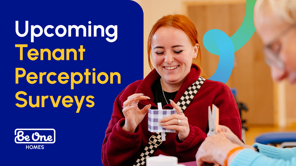 Graphic reading 'Upcoming Tenant Perception Surveys'. The graphic includes a photo of a woman smiling as she takes part in an arts and crafts activity.